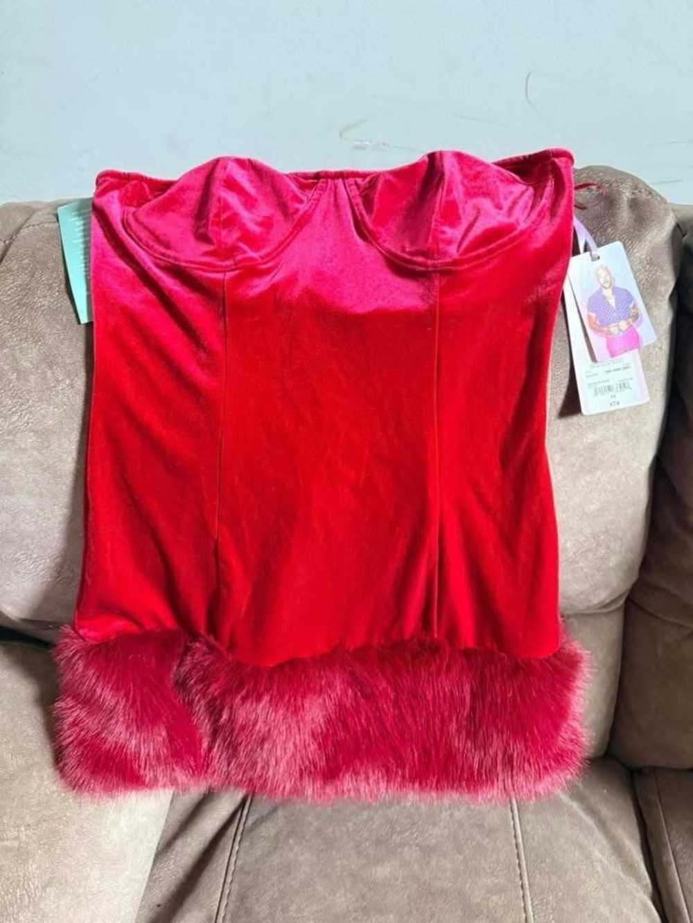 Red Velvet Mini Dress with Faux Fur Hem - Women